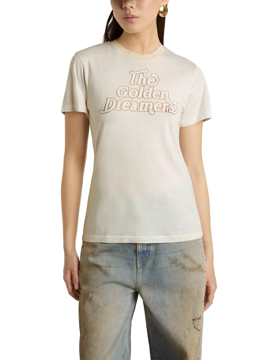 JOURNEY W'S SLIM LONG T-SHIRT BURNED OUT JERSEY KNITTED RIB WITH FLOC PRINT GWP02322 P00211611616 GOLDEN GOOSE 