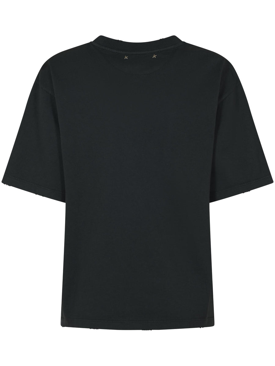 GOLDEN W'S BOXY T-SHIRT DYED GAUZE ORGANIC COTTON JERSEY WITH CRYSTAL APPLICATION ON COLLAR GWP01874 P00189790456 GOLDEN GOOSE 